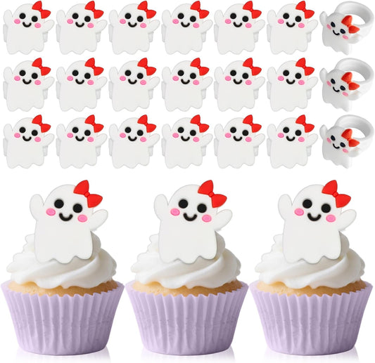 24PCS Ghost Cupcake Ring Toppers Spooky Halloween Cupcake Picks Cute Ghost Decorations for Halloween Theme Birthday Party Baby Shower Cake Supplies