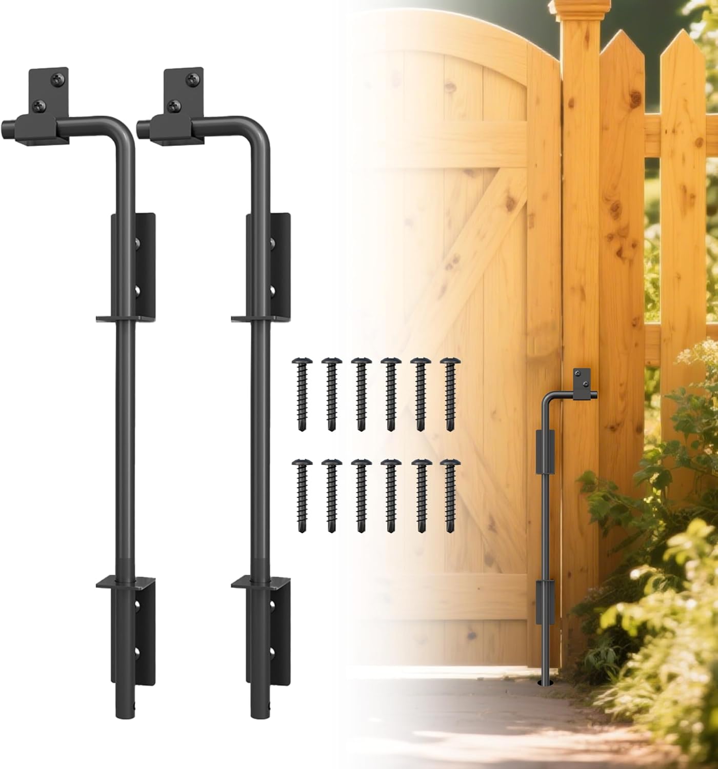 12" Heavy Duty Cane Bolts for Gates with Upgraded Square Hardware Gate Drop Rod with Black Finish for Wood PVC Vinyl Fences Gates, Double Doors-2 Pack
