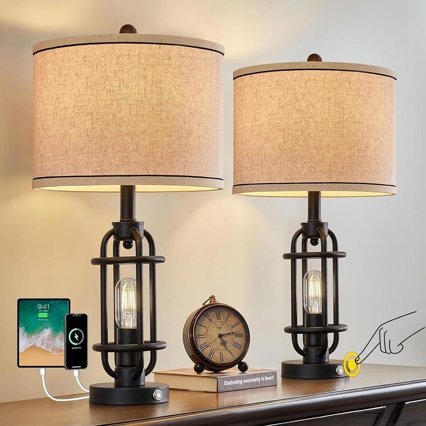 23.75'' Industrial Black Metal Table Lamps Living Room Lamp for Nightstand Bedroom lamps Set of 2 Bedside End Side Table Lamps Home Decor Touch Lamp Modern Lamps With USB Port, Bulbs Included