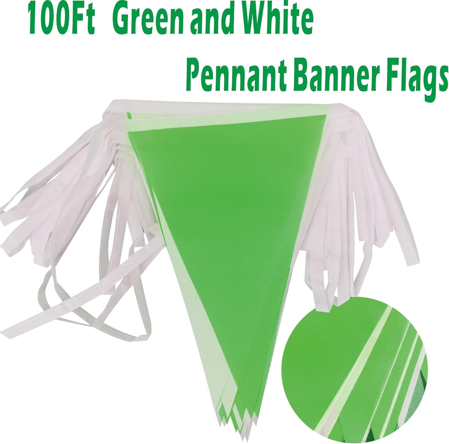 100Ft Green and White Pennant Banner Flags String Fabric Triangle Bunting Flag,Party Decorations for Wedding,Kids Birthday,Home Outdoor Garden Hanging Festivals Decoration,60 Pcs
