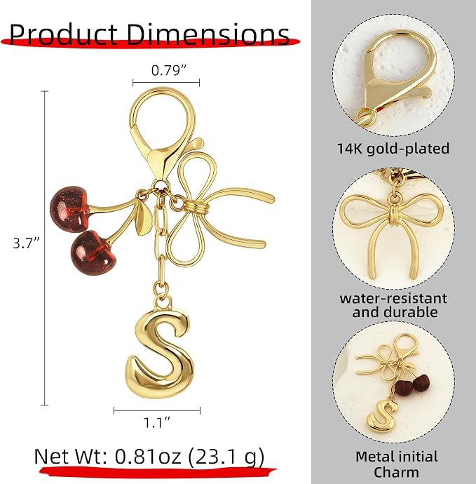 Gold Bubble Heart, Bow & More Designs Letter Initial Keychain Bag Charms – Cute - Image 5