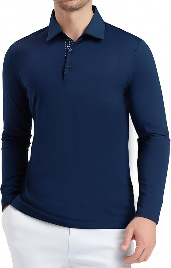 Alex Vando Mens Golf Shirt Moisture Wicking Quick-Dry Solid Long Sleeve Polo - Image 2