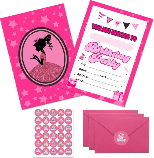 30 Pack Birthday Invitations Girl, Hot Pink Party Invitations for Girls with Envelopes and Sticker, Birthday Invites for Girls,Cute Birthday Party Invitations Cards for Kids, Party Decorations Supplies for Baby Shower Birthday Party