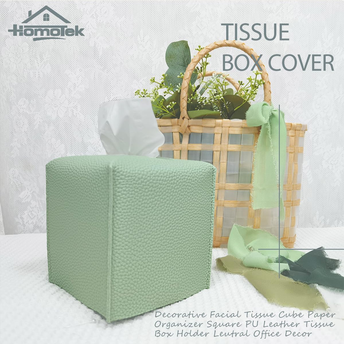 HOMOTEK 2 Pack Tissue Box Cover, Square PU Leather Tissue Holder, Decorative Facial Tissue Cube Paper Organizer Dispenser for Bathroom, Night Stands, Desk, Car 5X5X5'' - Mint Green, Pebble Grain