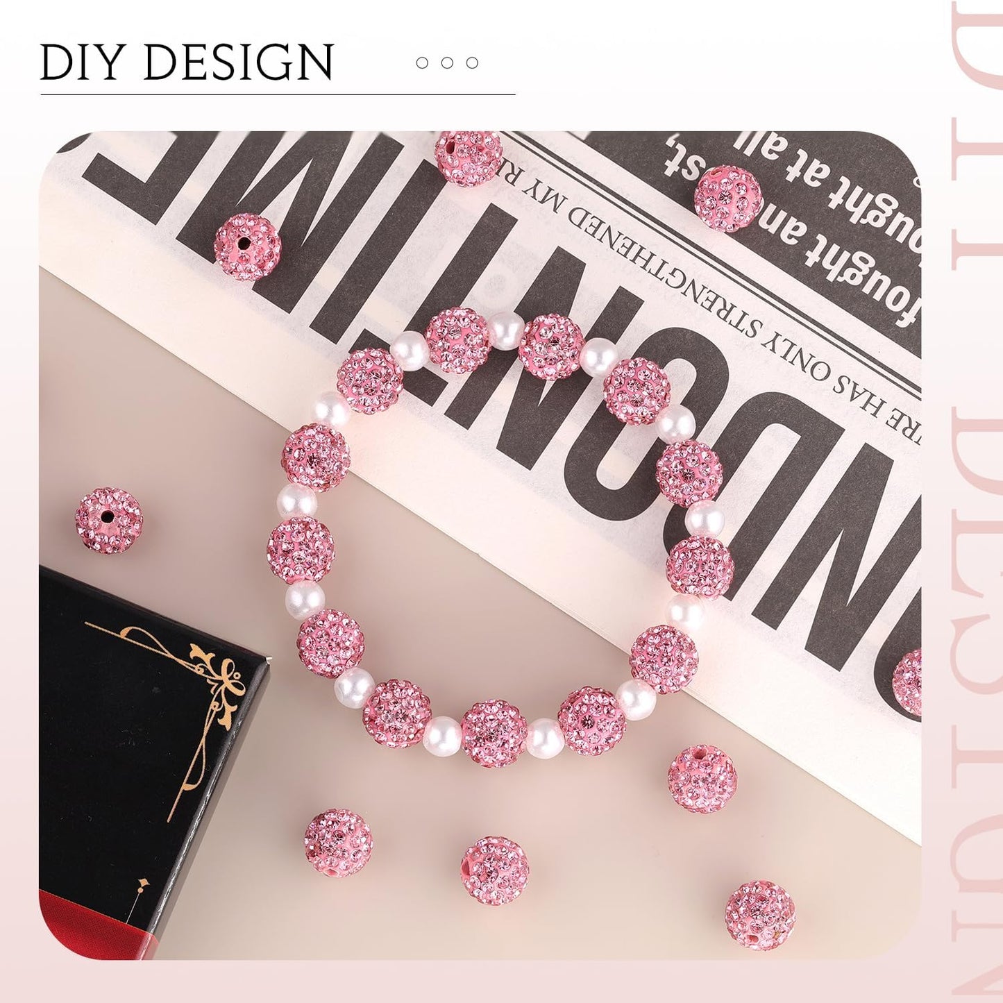 200pcs 10mm Pink Rhinestone Beads for Jewelry Making, Shiny Round Shamballa Disco Ball Beads Bulk, Sparkle Crystal Clay Christmas for Bracelet Baseball Necklace Earring Crafting and DIY