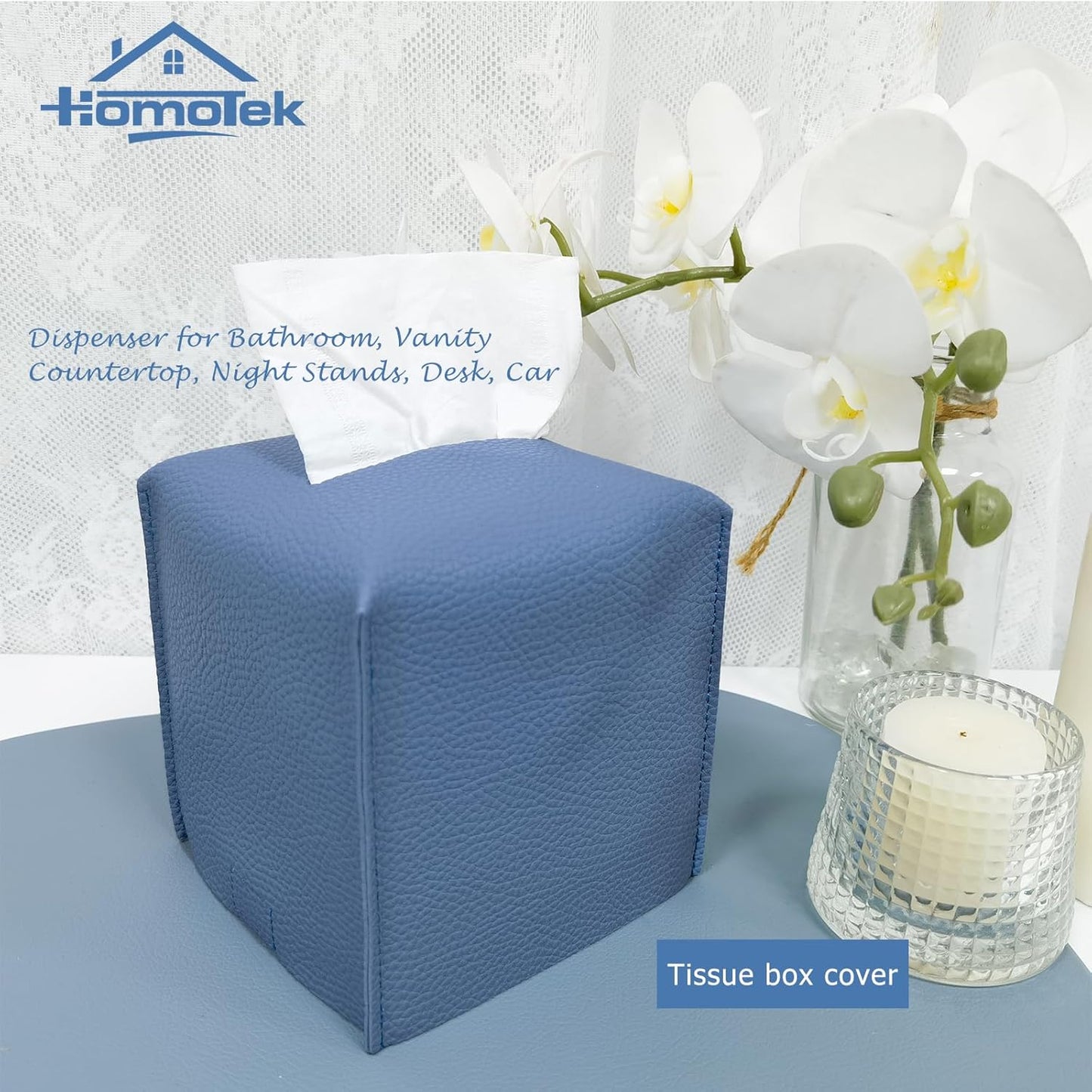 HOMOTEK 2 Pack Tissue Box Cover, Square PU Leather Tissue Holder, Decorative Facial Tissue Cube Paper Organizer Dispenser for Bathroom, Night Stands, Desk, Car 5X5X5'' - Haze Blue, Pebble Grain