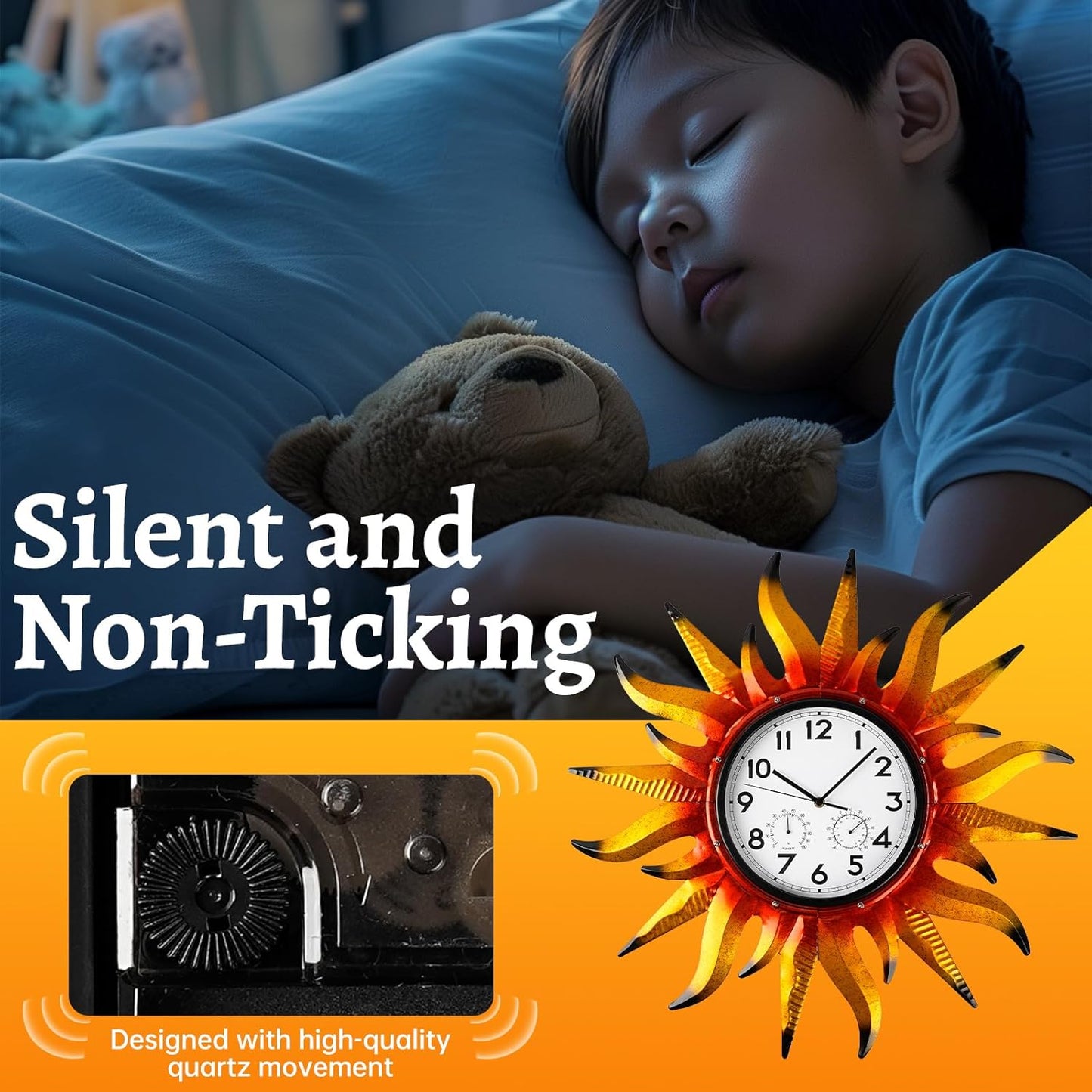 25-Inch Sun-Shaped Outdoor Clock and Thermometer Set, 10-Inch Dial, Battery Powered, Waterproof, Silent Quartz Movement (Yellow)