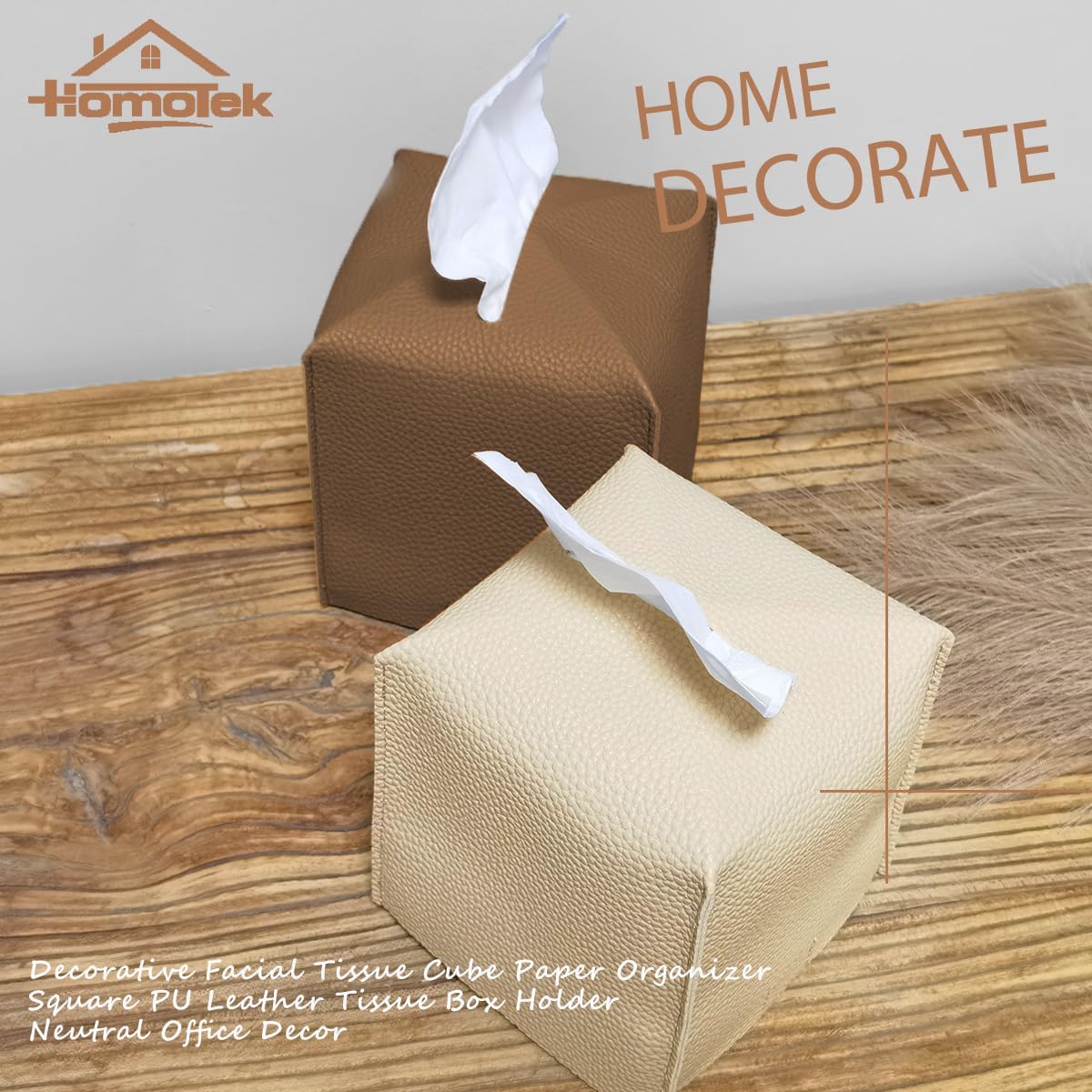 HOMOTEK 2 Pack Tissue Box Cover, Square PU Leather Tissue Holder, Decorative Facial Tissue Cube Paper Organizer Dispenser for Bathroom, Night Stands, Desk, Car 5X5X5'' - Dark Gray, Pebble Grain