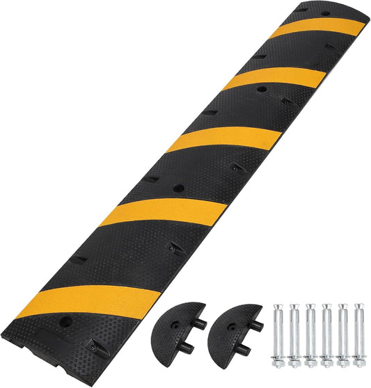 84" Rubber Speed Bumps, 1 Pack Heavy Duty Speed Bumps for Driveway Rubber Gravel Road Asphalt Parking, Modular Driveway Speed Bumps Cable Protector Ramp with 6 Bolts Spikes, 2 End Caps