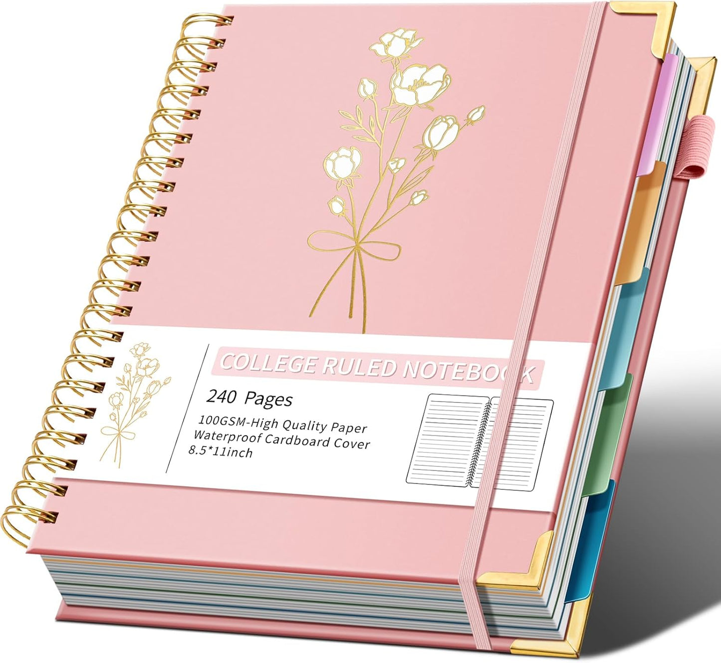 Hardcover Spiral Notebooks 8.5" X 11" Note Taking 5 Subject Notebook College Ruled with Dividers 240 Pages 100GSM Aesthetic Spiral Notebook for Work School Cute Journals for Women Writing