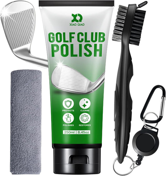 Golf Club Cleaning kit, 3-in-1 Easy to Use Golf Club Cleaner Includes 250ml Golf Club Polish, Golf Club Brush and Groove Cleaner 2 ft Retractable Zipline Carabiner, Microfiber Cloth