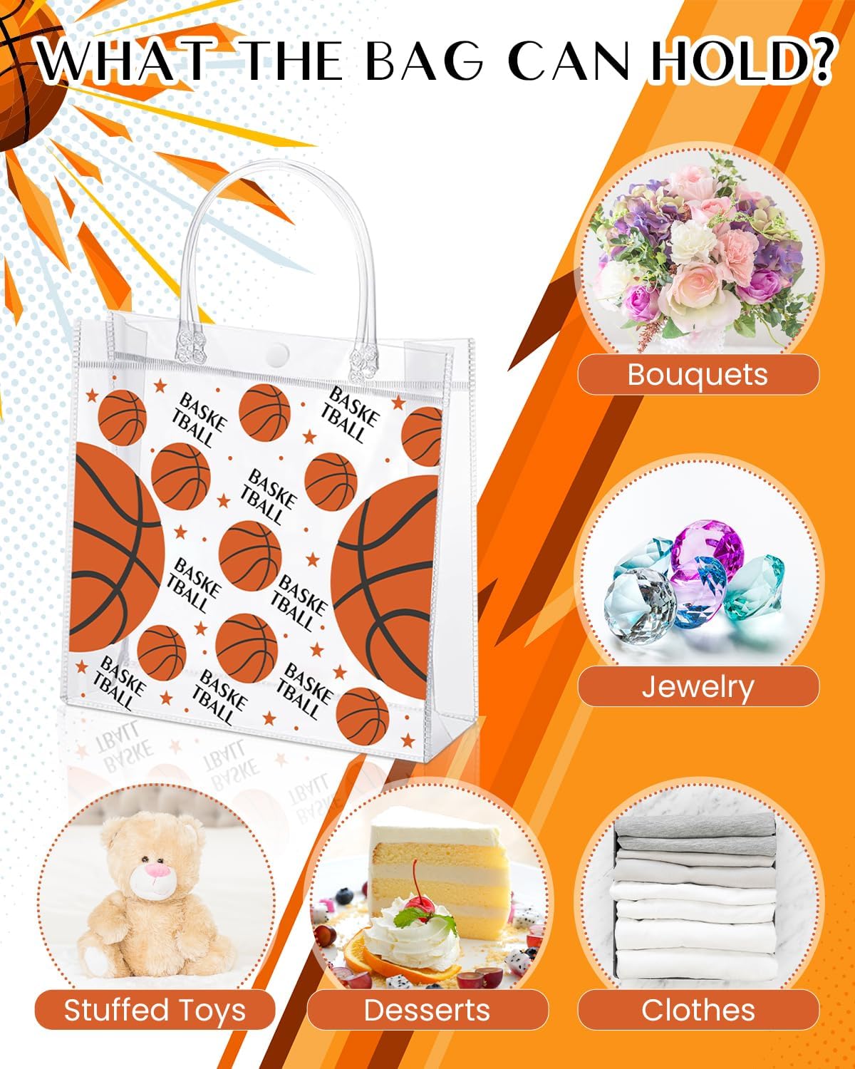 24 Pieces Clear Basketball Gift Bag with Handles Transparent PVC Basketball Goodie Bags 8 x 8 x 3.2Inch Sport Theme Party Favor Bag for Birthday Holiday Sports Team