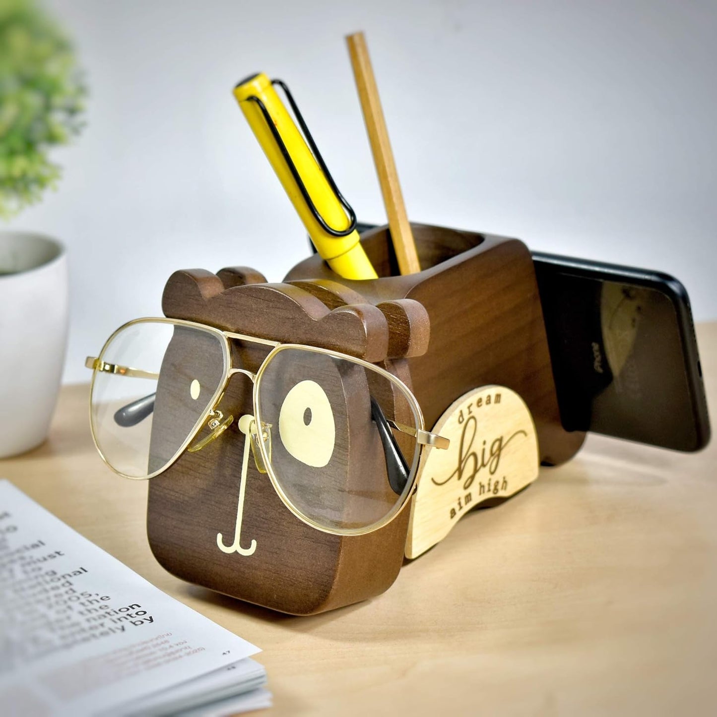 I'm Wood Multipurpose Eyeglass Phone Pen & Pencil Holder Stand Stationery Desk Organizer Accessories, For Home Office Desktop Decor Birthday Graduation Gifts “Dream Big Aim High” (Dog)