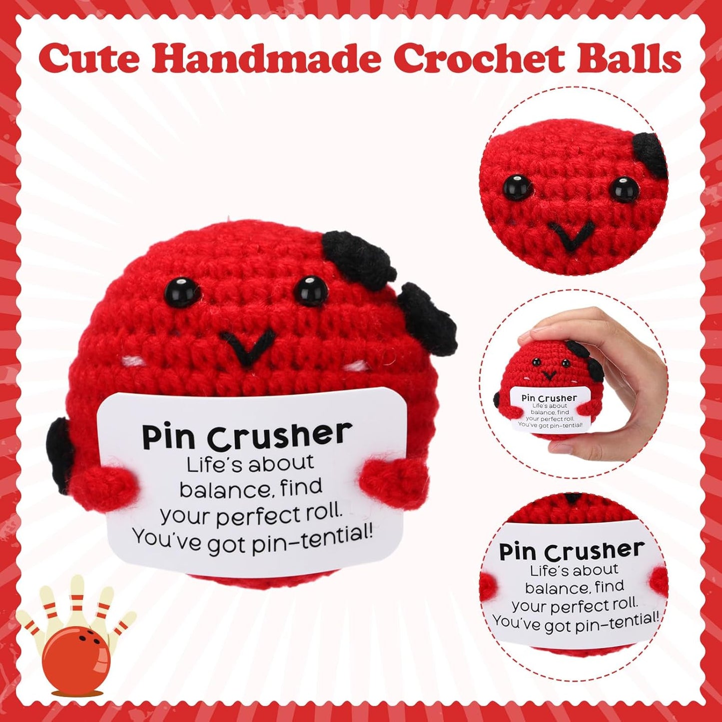 12pcs Funny Bowling Gifts for Team Bulk Positive Bowling Balls with Motivational Cards Handmade Mini Crochet Team Gift for Coach Women Men Coworker Birthday Christmas Party Favors