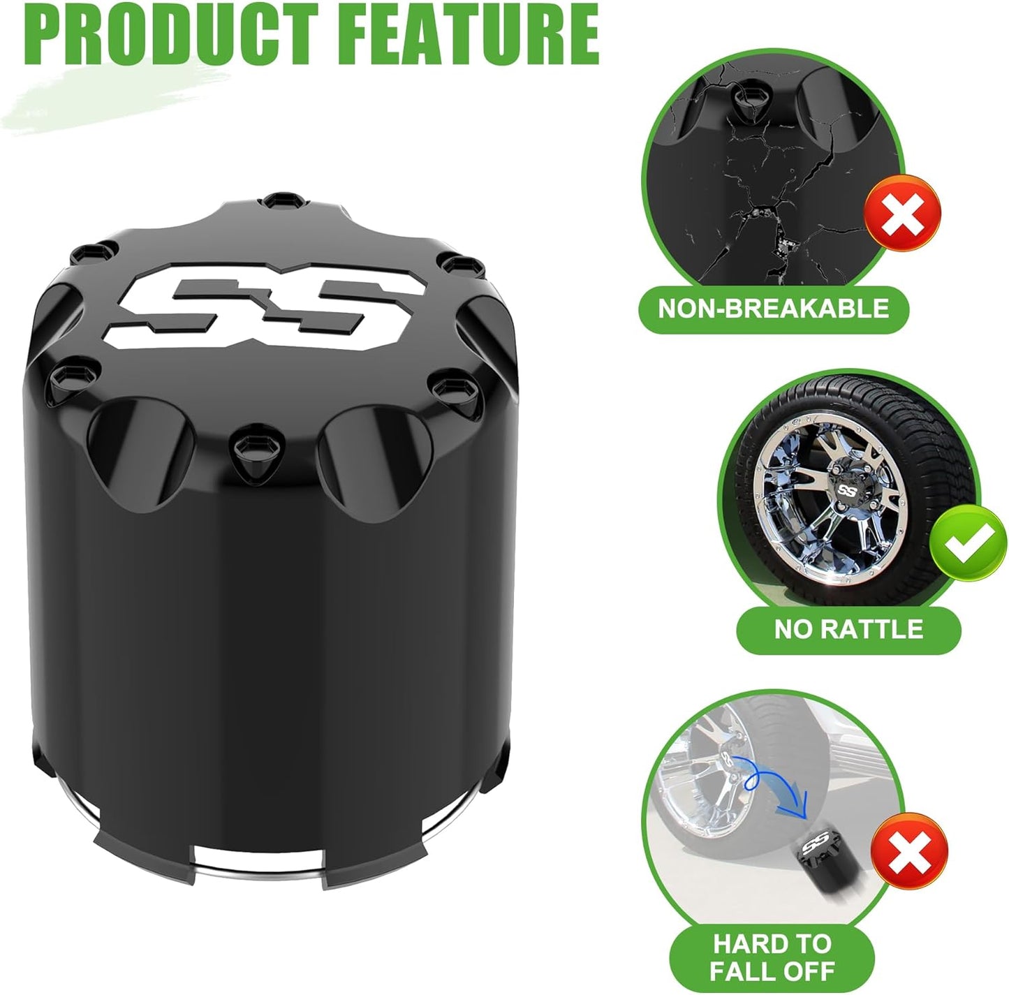 10L0L Universal Golf Cart SS Wheel Center Cap Cover for EZGO, Club Car, Yamaha, 4 PCS (Black)