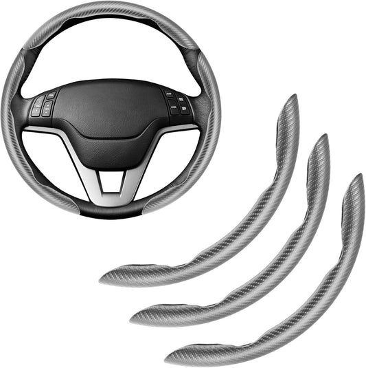 Amiss 3pcs Carbon Fiber Anti-Skid Steering Wheel Cover, Segmented & Butterfly Design, Universal 99% Car Wheel Cover Protector, Grey