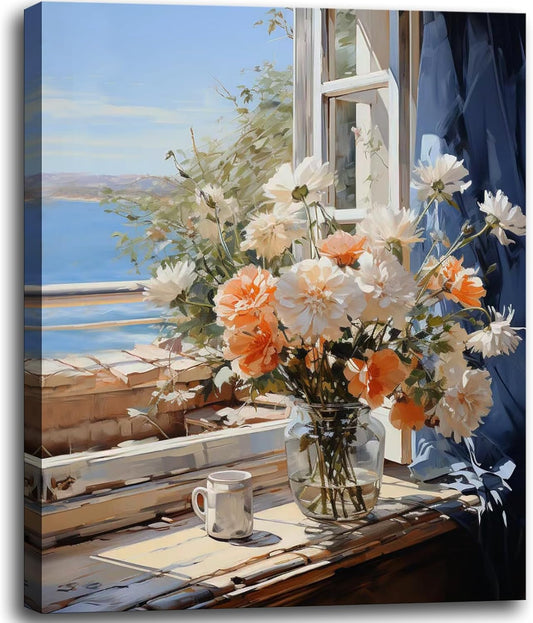 Bathroom Decor Wall Art Beach Flowers Picture Windowsill Ocean Theme Canvas Print Floral Painting Coastal Seascape Seaside Artwork for Bedroom Office Decoration 12"x15"inch