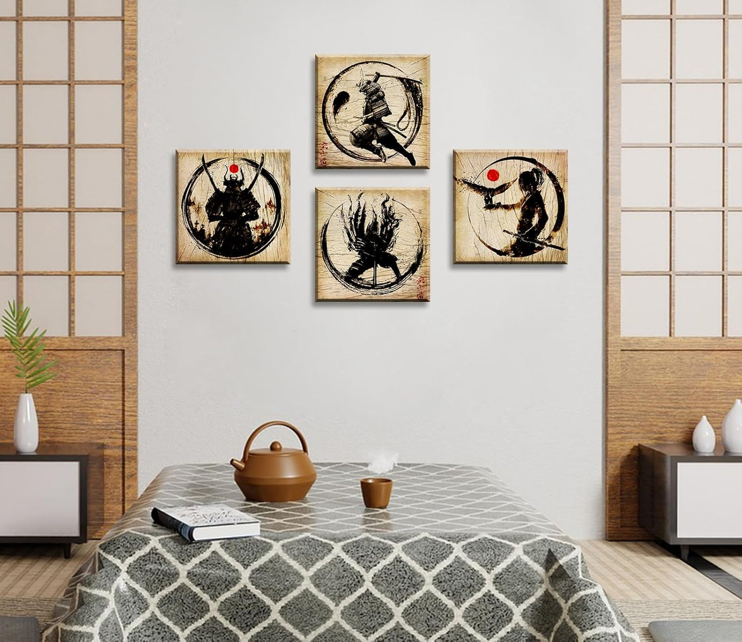 Japanese Decor Wall Art Retro Japanese Armored Samurai Painting Anime Posters Canvas Pictures Office Vintage Black Asian Modern Living Room Bedroom Artwork Framed Ready to Hang 12"X12"X4 Panels