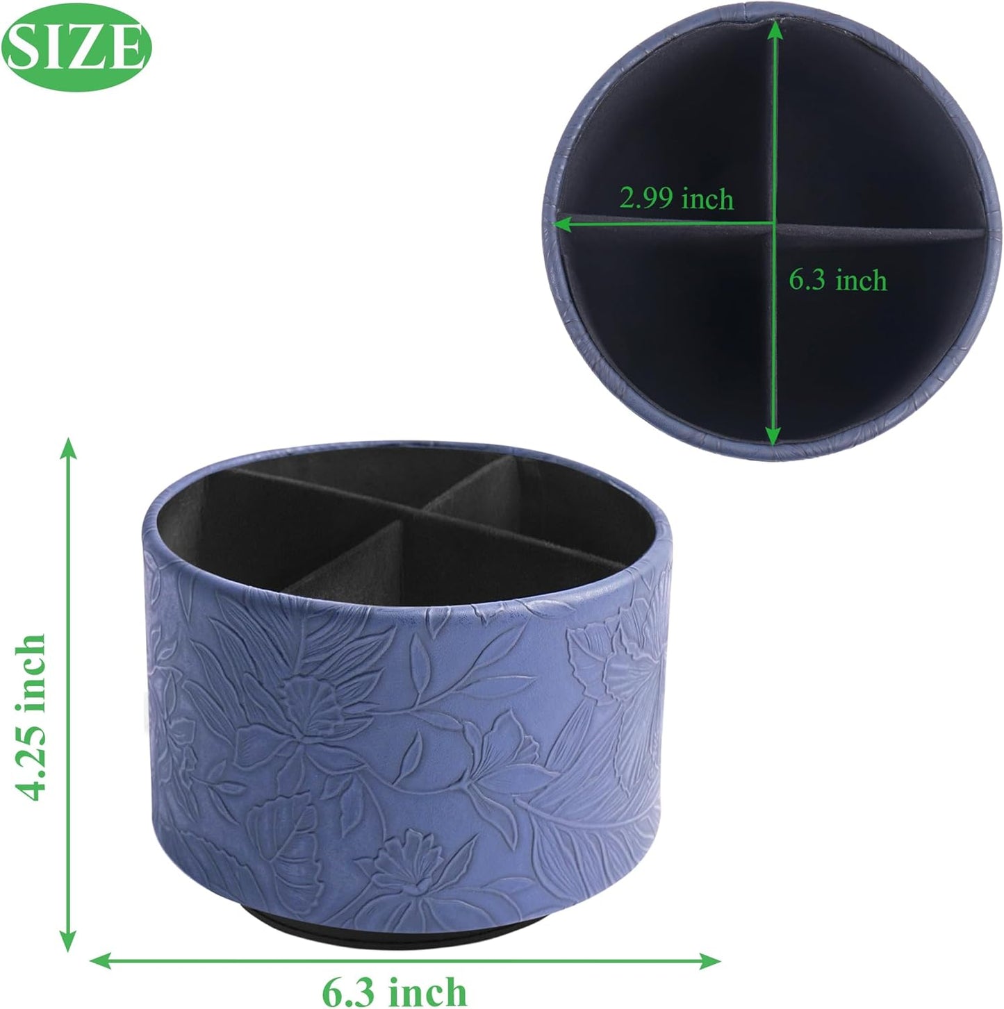 Hennaja Round Leather Art Supply Organizer,Remote Control Holder,360 Degree Spinning,Multi-Functional Pencil Holder,4 Compartments Desktop Stationary Organizer(1-Carved Dark Blue)