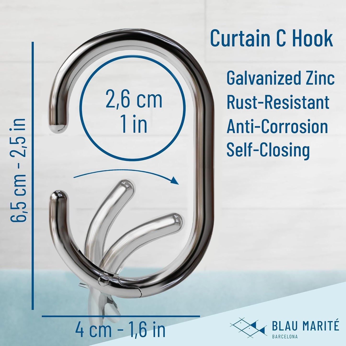 12 Metal Shower Curtain Hooks, Rust-Proof Decorative C-Shaped Curtain Hooks for Bathroom, Chrome Shower Curtain Rings, Fits Rods Up to 1 Inch (C, Silver)