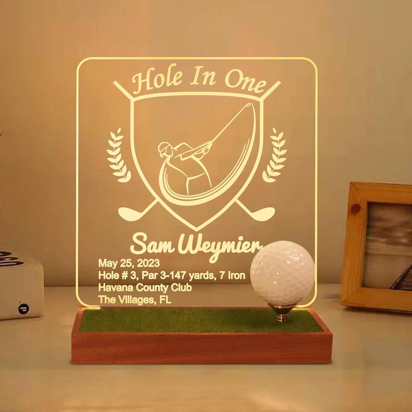 Hole in One Golf Ball Display Case, CoolGift Mart Personalized Light Up Golf Ball Holder Memorabilia Display and Storage, Wooden Acrylic Accessories with Warm White Color Lights, Gift for Golfers