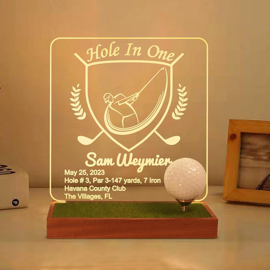 Hole in One Golf Ball Display Case, CoolGift Mart Personalized Light Up Golf Ball Holder Memorabilia Display and Storage, Wooden Acrylic Accessories with Warm White Color Lights, Gift for Golfers