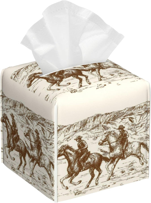 American Cowboys Tissue Box Cover,Wild West Desert Tissue Box Holder Square,Waterproof Leather Organizer Portable Decorative Facial Paper for Bedroom Dresser Night Stand Office Desk,5.2" x 5.2" x 5.2"