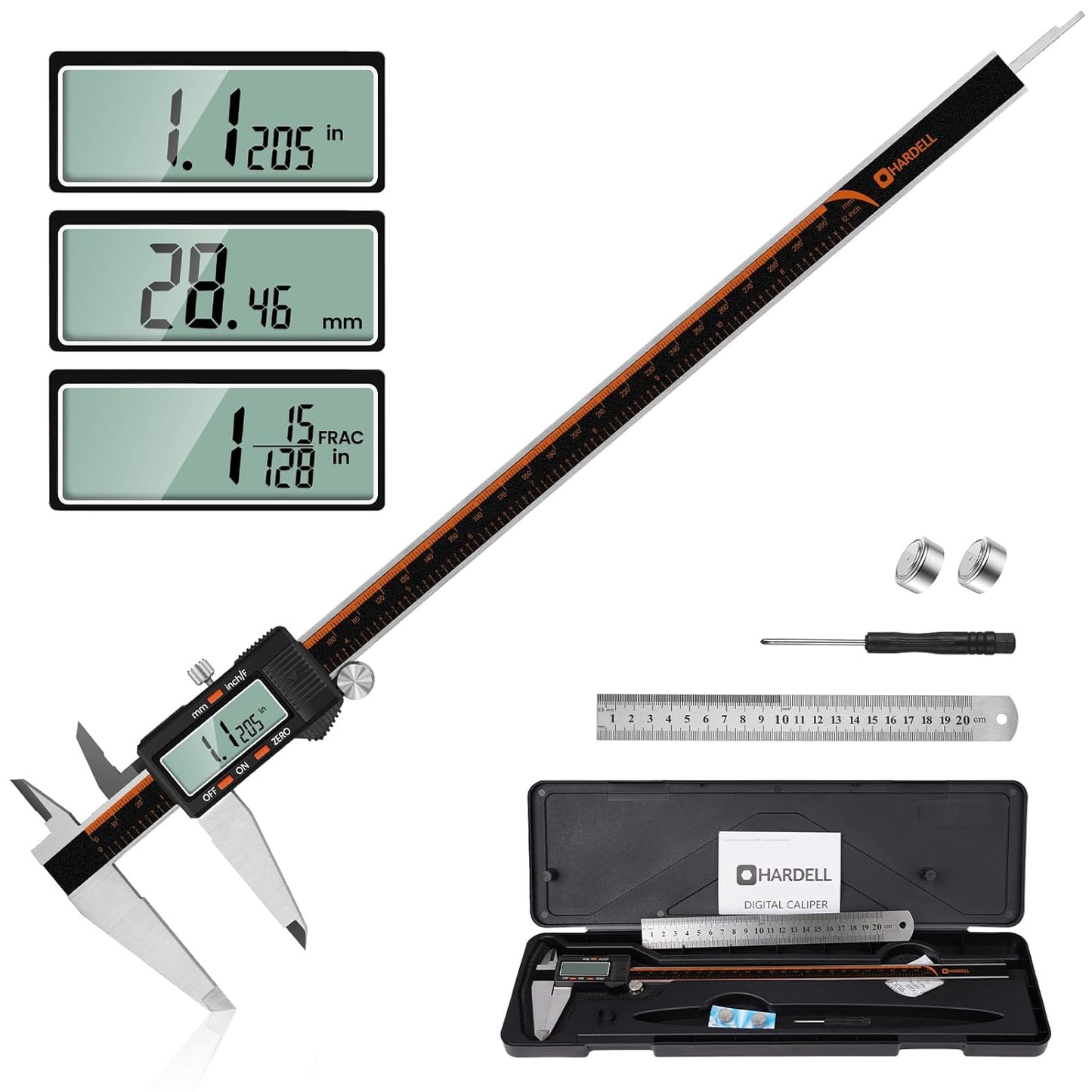 HARDELL Digital Caliper 12 Inch, Stainless Steel Caliper Measuring Tool with Large LCD Screen, Auto-Off Feature, Inch/Millimeter, Electronic Vernier Caliper for DIY, Jewelry, Parts, 3D Printing
