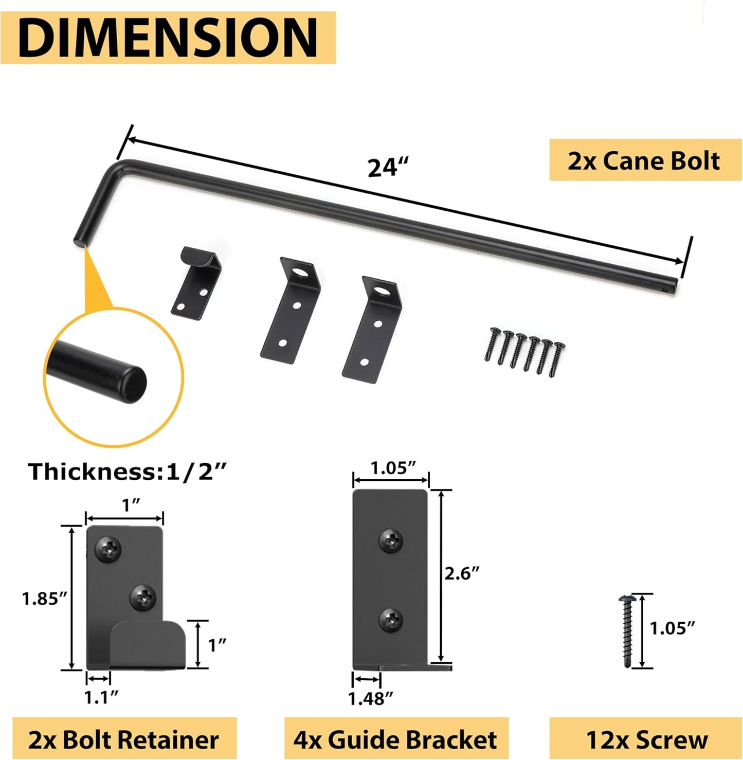 24" Heavy Duty Cane Bolts for Gates with Upgraded Square Hardware Gate Drop Rod with Black Finish for Wood PVC Vinyl Fences Gates, Double Doors-2 Pack