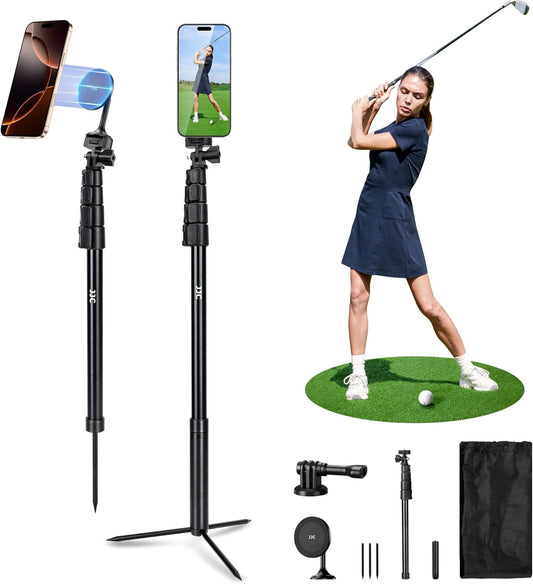 Golf Monopod Selfie Stick with Ground Spike Stakes, 61" Magnetic Aluminum Phone Tripod Stand for Golf Training Aid, Golf Swing Analyzer for iPhone 17 16 15 14 13 12 Pro Max Plus Gopro Action Cameras