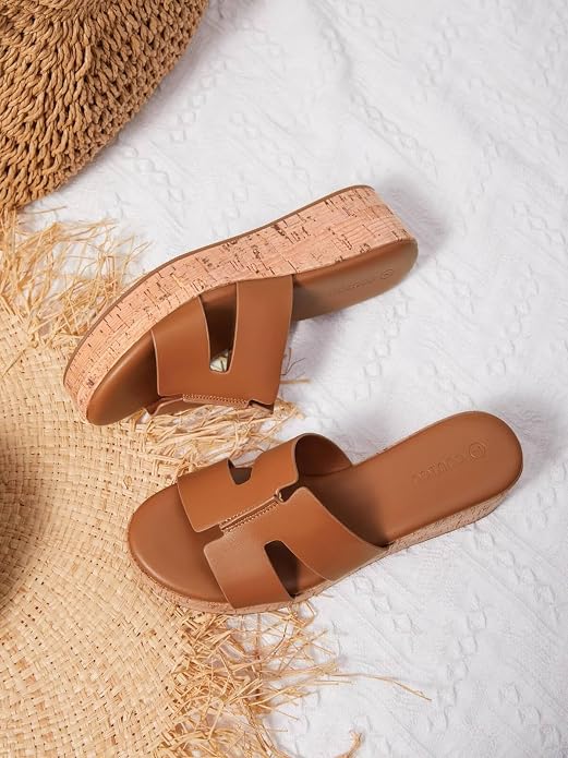 Coutgo Women's Platform Wedge Sandals Open Toe Slip On Slides Cork Heeled - Image 2