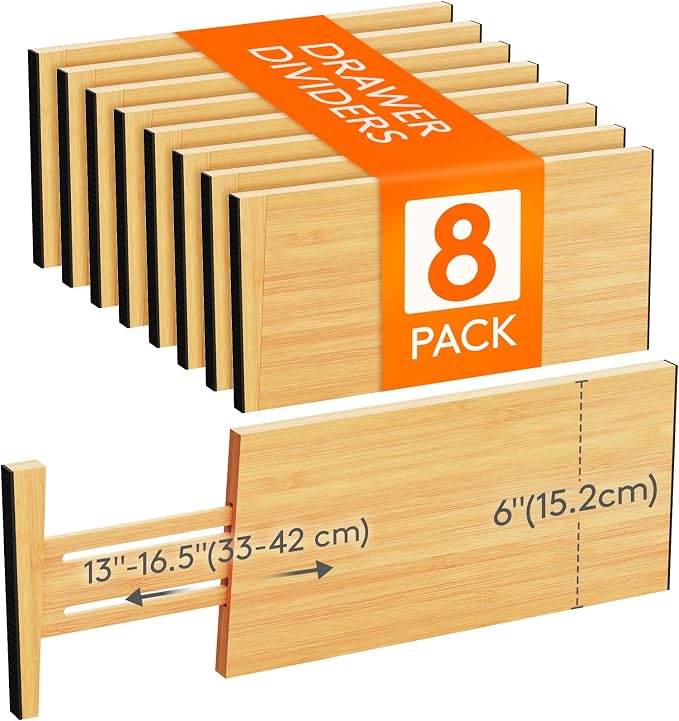 Lifewit 8 Pack 6" Deep Bamboo Drawer Dividers, 13-16.5" Expandable Drawer by Lifewit