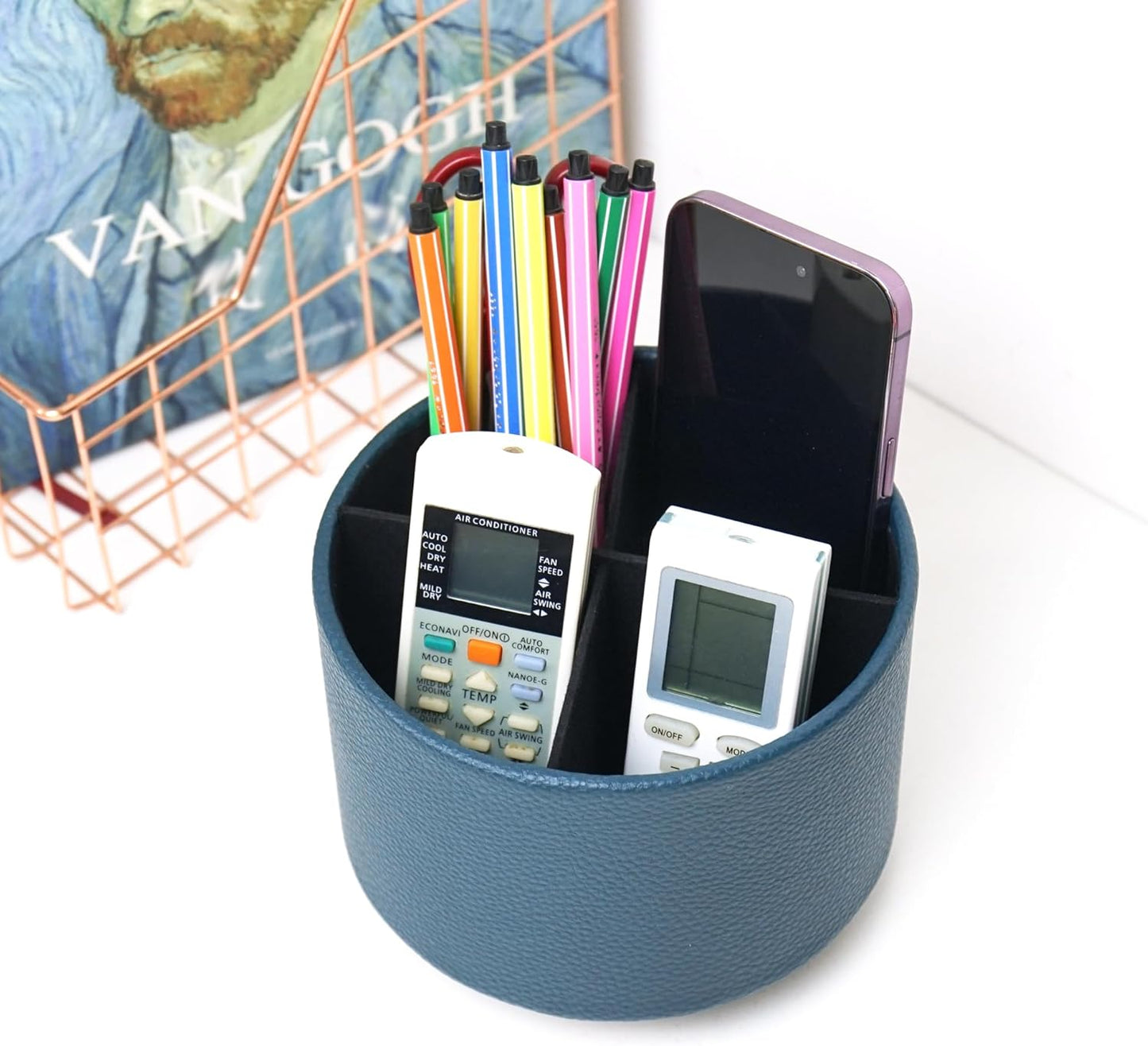 Hennaja Round Leather Art Supply Organizer,Remote Control Holder,360 Degree Spinning,Multi-Functional Pencil Holder,4 Compartments Desktop Stationary Organizer(1-Lichee Green)