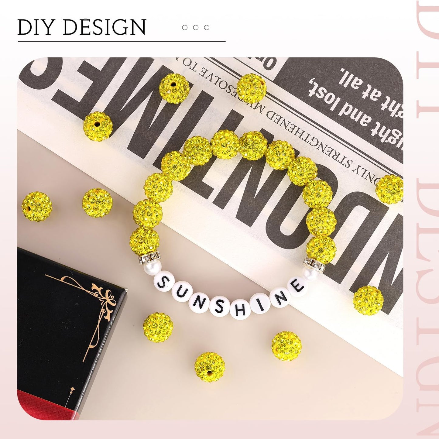 200pcs 10mm Citrine Rhinestone Beads for Jewelry Making, Shiny Round Shamballa Disco Ball Beads Bulk, Sparkle Crystal Clay Christmas for Bracelet Baseball Necklace Earring Crafting and DIY