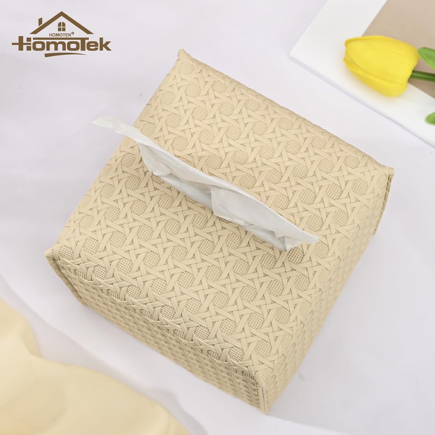 HOMOTEK 2 Pack Tissue Box Cover, Square PU Leather Tissue Holder, Decorative Facial Tissue Cube Paper Organizer Dispenser for Bathroom, Night Stands, Desk, Car 5X5X5'' - Rattan Weave,Beige