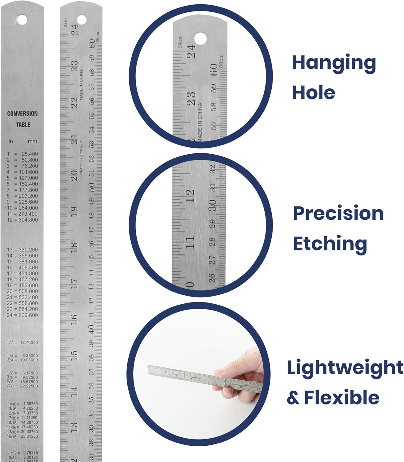 2 Pack Pacific Arc 24 Inch Stainless Steel Ruler with Inch/Metric Conversion Table