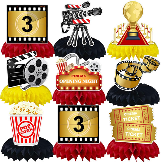 9Pcs Movie Night Party Honeycomb Centerpiece Decorations Birthday Table Supplies Red Carpet Party Decorations for Birthday Baby Shower Hollywood Theme Centerpieces for Table