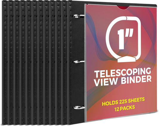 1 Inch Telescoping 3 Ring Binder-12PCS, Flexible Binder with Customized Front Cover, Holds 225 Sheets, School Office Supplies, Black