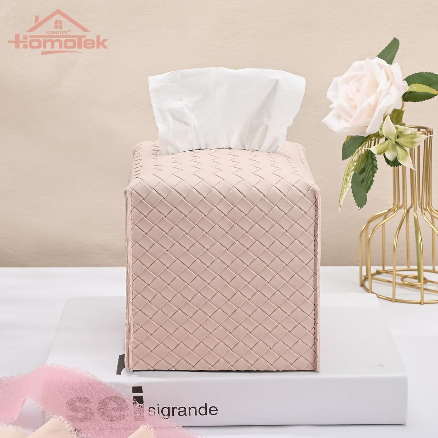 HOMOTEK 2 Pack Tissue Box Cover, Square PU Leather Tissue Holder, Decorative Facial Tissue Cube Paper Organizer Dispenser for Bathroom, Night Stands, Desk, Car 5X5X5'' - Woven Waffle,Macaron Pink
