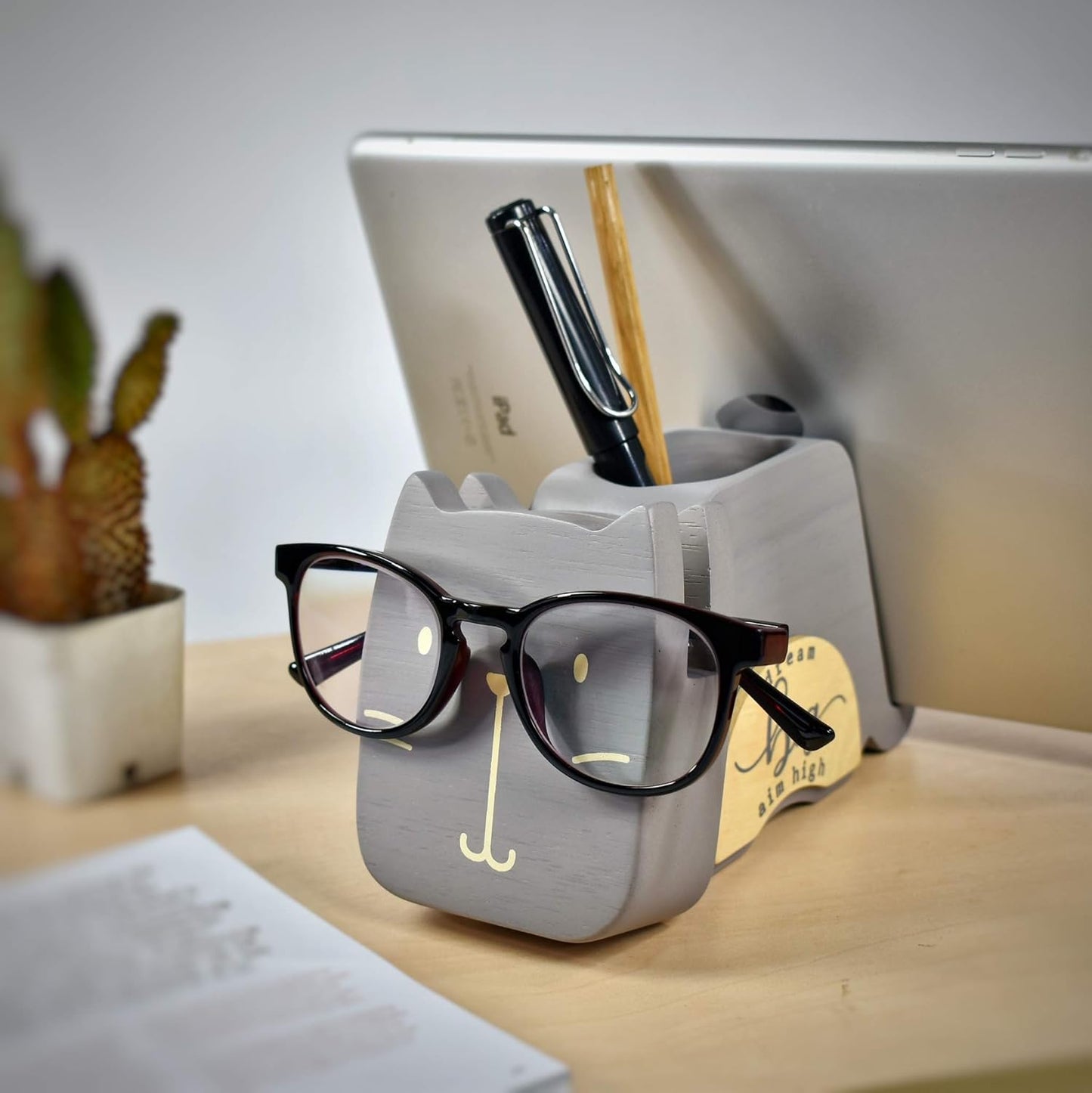 I'm Wood Multipurpose Eyeglass Phone Pen & Pencil Holder Stand Stationery Desk Organizer Accessories, For Home Office Desktop Decor Birthday Graduation Gifts “Dream Big Aim High” (Cat)