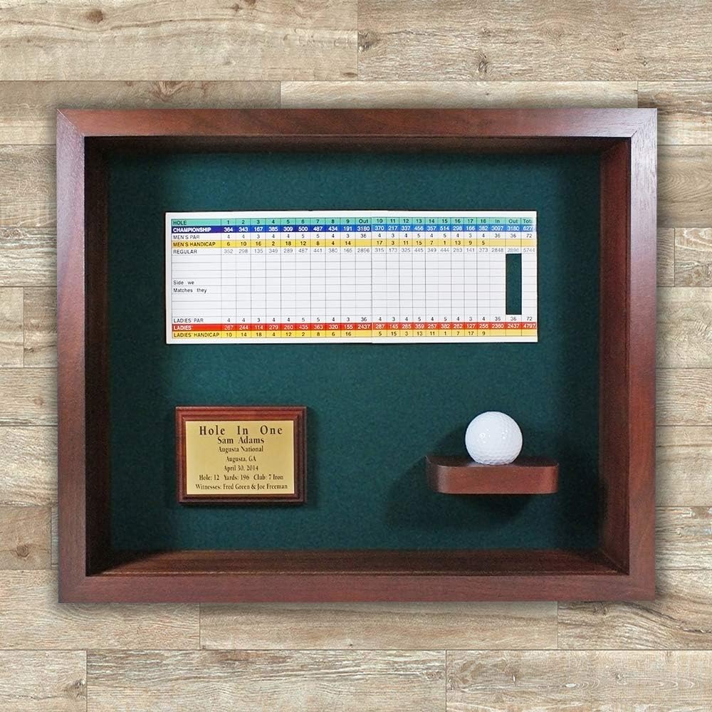 Hole in One Shadowbox and Golf Ball Display Case | Personalized Engraved Plate | Holds Golf Ball and Scorecard or Photo | Horizontal Layout | Cherry Finish | Wall Mounted