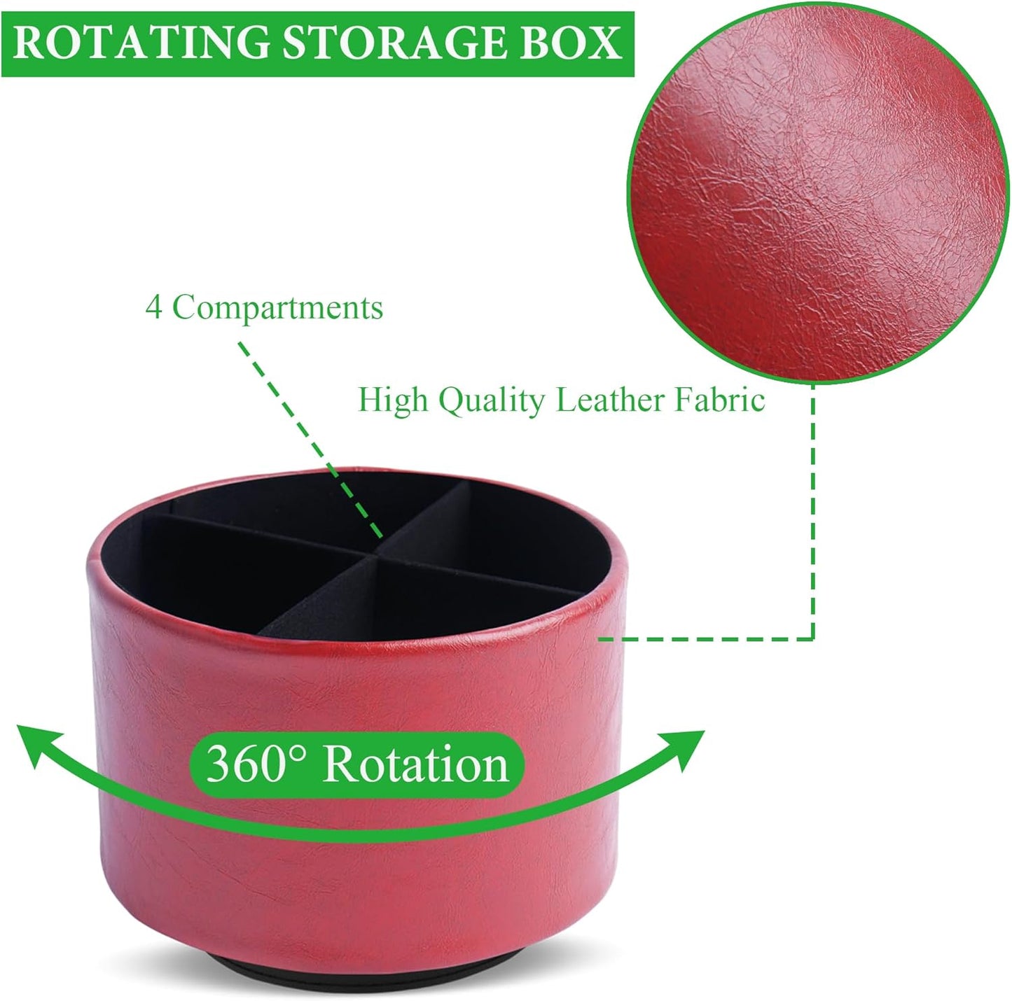Hennaja Round Leather Art Supply Organizer,Remote Control Holder,360 Degree Spinning,Multi-Functional Pencil Holder,4 Compartments Desktop Stationary Organizer(1-Oil Red)