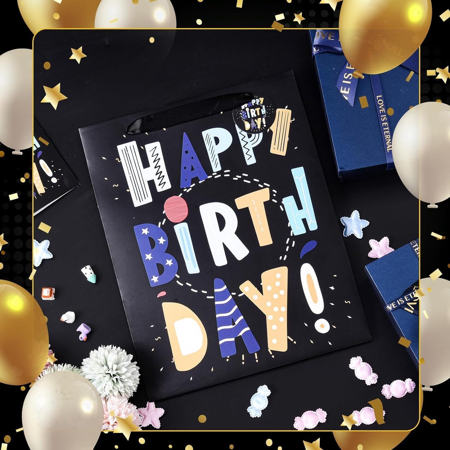 13" Black Happy Birthday Bags for Kids with Tissue Paper and Greeting Card for Party,Happy Birthday Gift Bag for Kids, Boys, Girls, Baby Boy,Men Women,Gift Bags Medium size (1 Pcs Black, Kids Gift Bag)