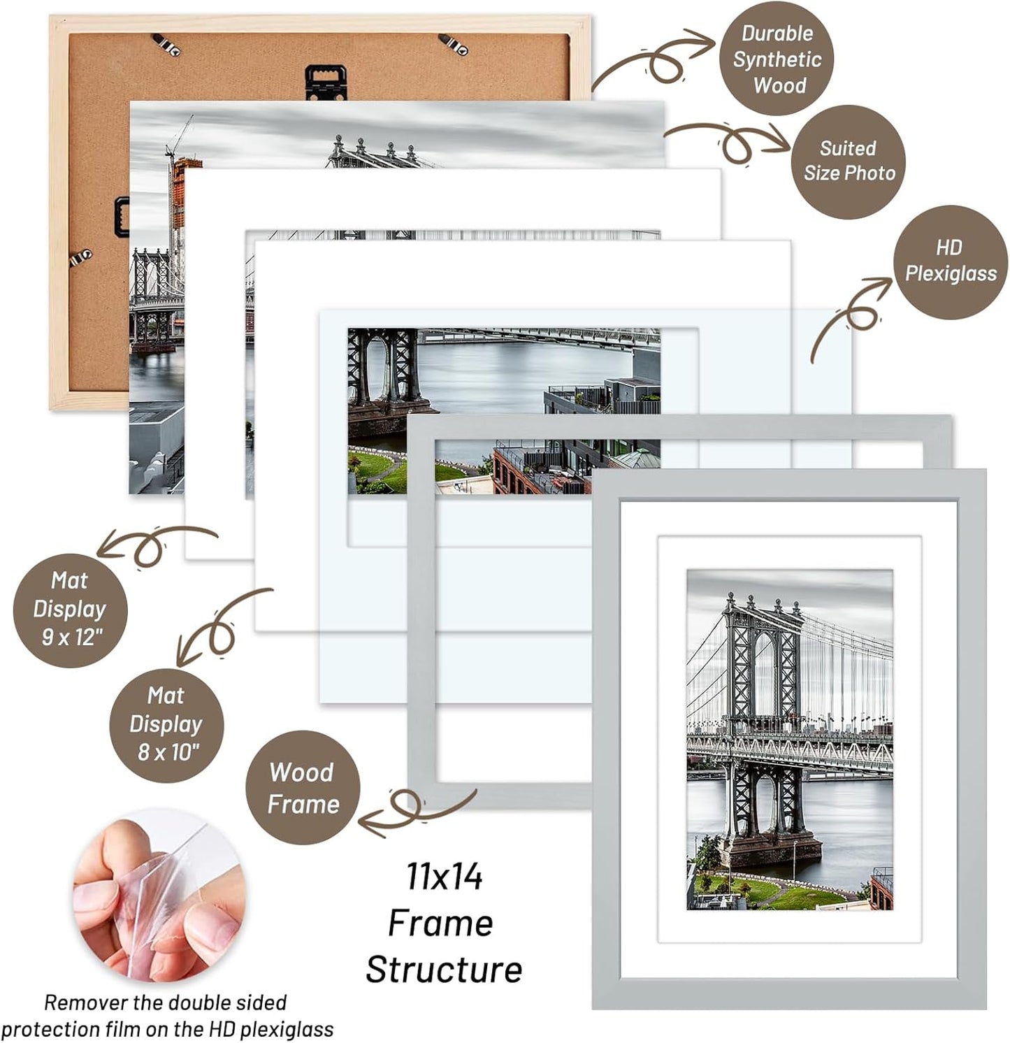 11x14 Picture Frames - Solid Wood Display Pictures 9x12 or 8x10 with or without Mat, Poster Photo Frame Art with 2 Mats for Wall Mounting or Table Top (Gray)