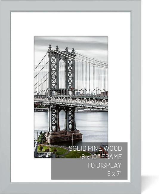 8x10 Picture Frames Solid Wood Display Pictures 5x7 with Mat or 8x10 Frame without Mat Poster Photo Frame Art with 1 Mats for Wall Mounting or Table Top(Gray)