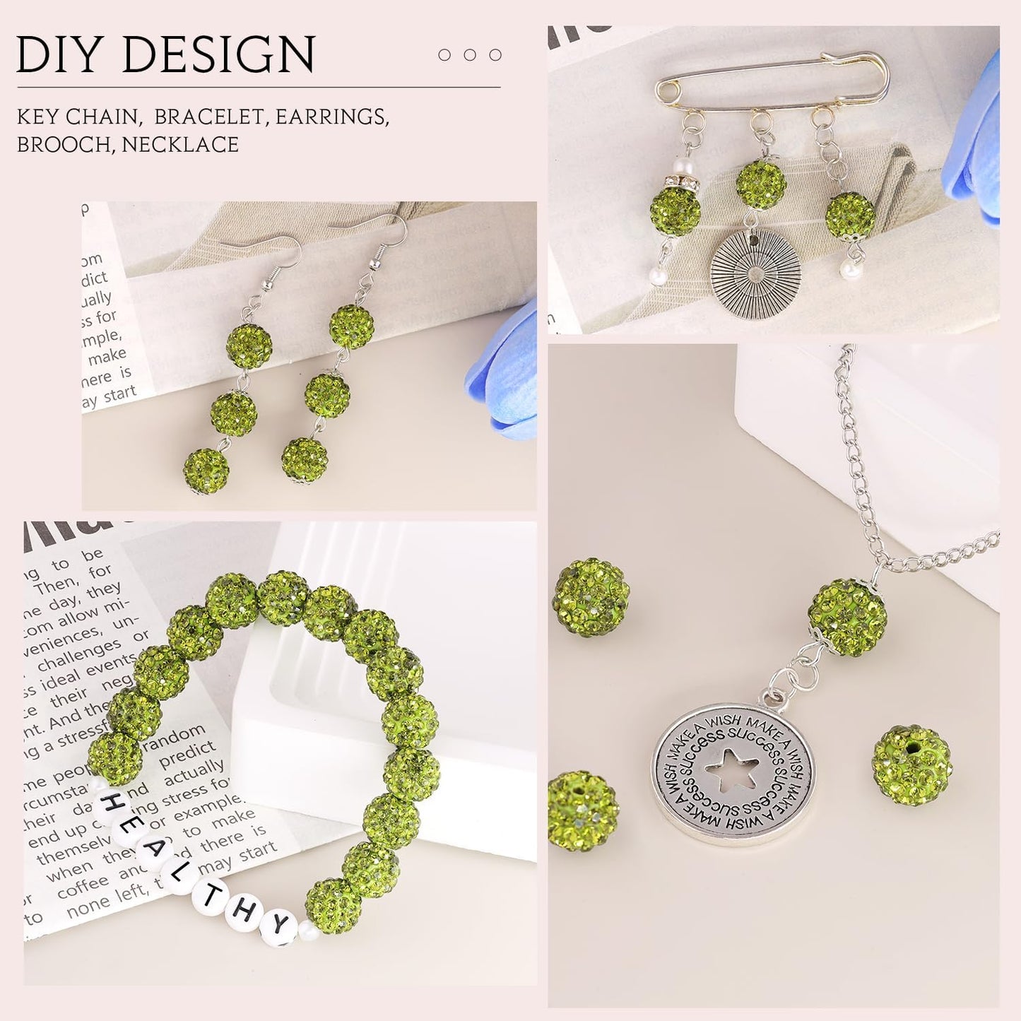 100 pcs 10mm Rhinestone Beads for Jewelry Making, Olivine Shiny Round Shamballa Disco Beads Bulk, Sparkle Crystal Clay Christmas for Bracelet Baseball Necklace Earring Crafting and DIY