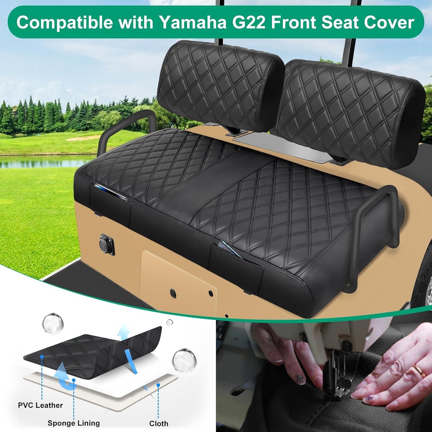 iLSKW Golf Cart Seat Covers for Yamaha G22 G8 G9 G16 G19 G2 Seat Cover OEM Front, Thinck Vinyl Leather with Convex Diamond Texure, Full Wrap-Around Design of Yamaha G22 Golf Cart Front Seat Cover