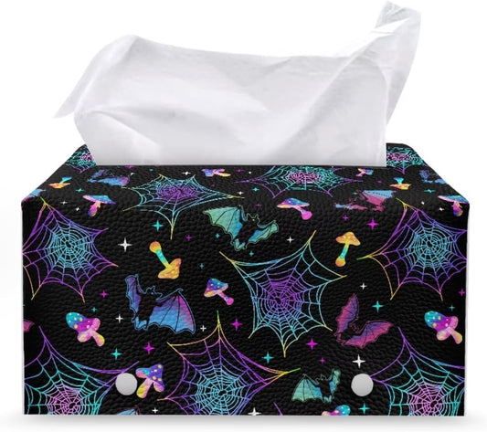 Halloween Bat Tissue Box Cover Rectangular Waterproof Tissue Box Case Organizer with Spider Web Print 9.7"x5.2"x5.12" PU Leather Napkin Dispenser Halloween Decor