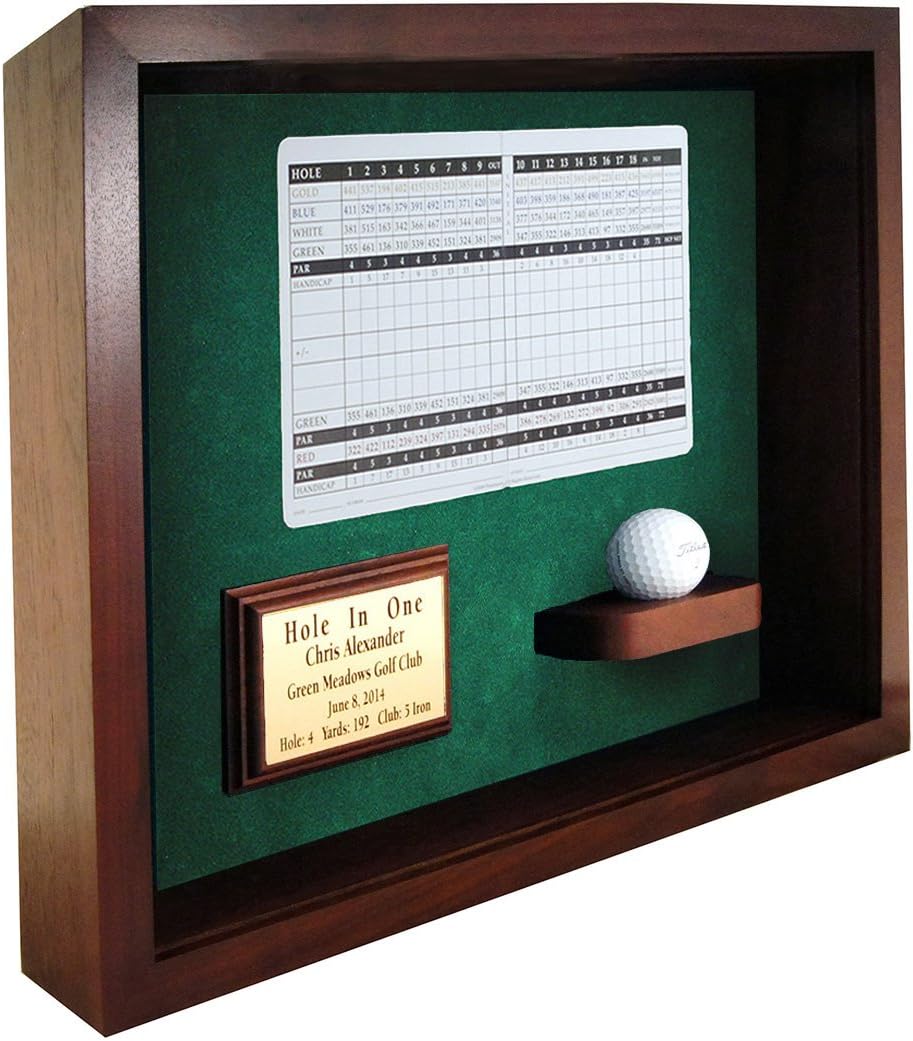 Hole in One Shadowbox and Golf Ball Display Case | Personalized Engraved Plate | Holds Golf Ball and Scorecard or Photo | Horizontal Layout | Cherry Finish | Wall Mounted