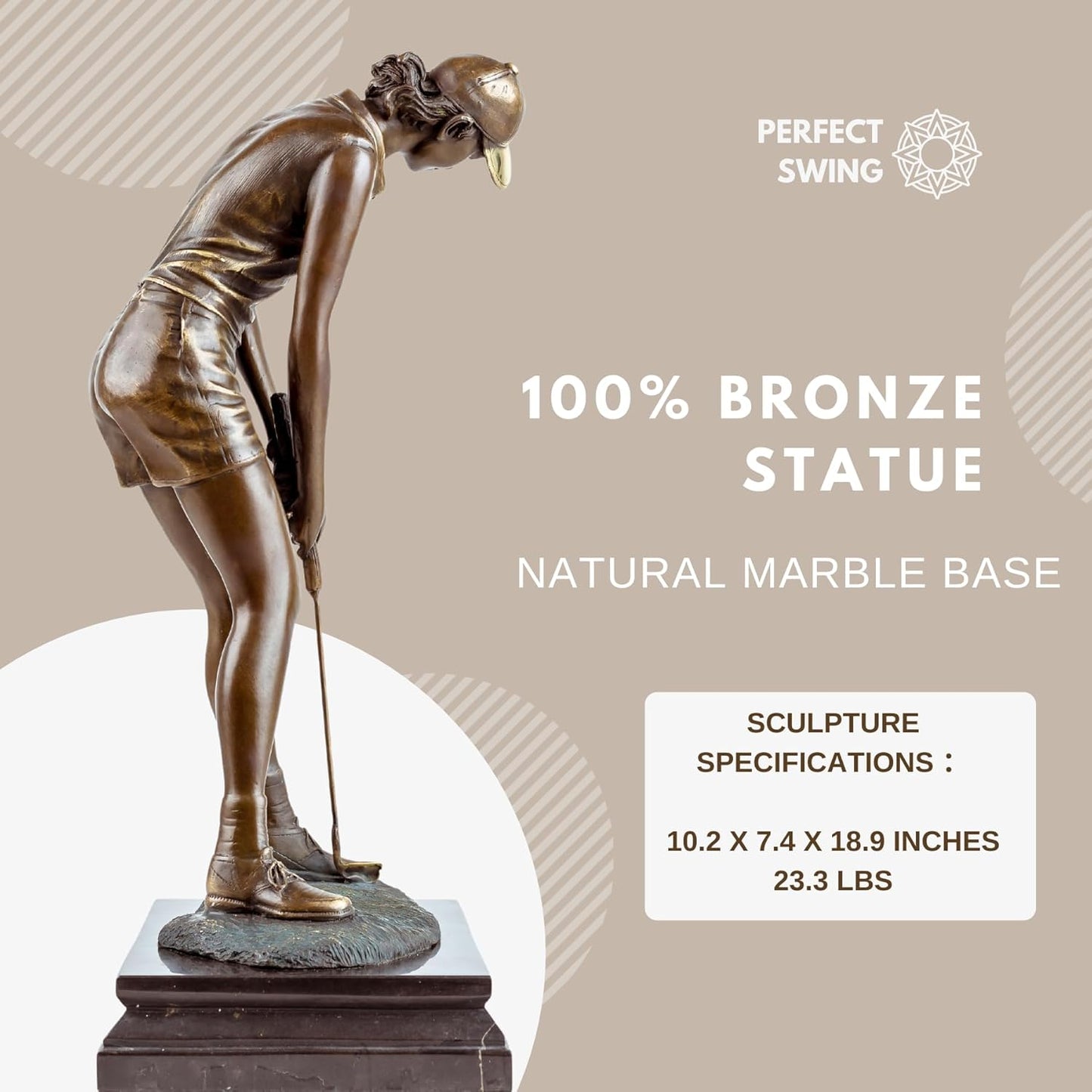18.9'' Bronze Female Golfer Statue, Handcrafted Golf Figurine Sculpture with Solid Bronze & Marble Base, Classic Sports Decor for Home Office, Collectible Art Piece & Golf Gift